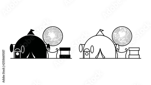 Quadro su tela Magical Dwelling: An enchanting illustration depicting a whimsical home under a celestial moon, complete with a pointy hat and rustic elements, rendered in both black and white and a stylized outline