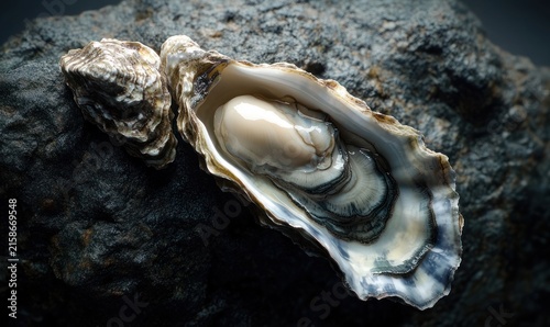 glistening open oyster with exposed creamy flesh and adjacent closed shell resting on textured dark rock, moist iridescent interior conveying serene fresh marine elegance