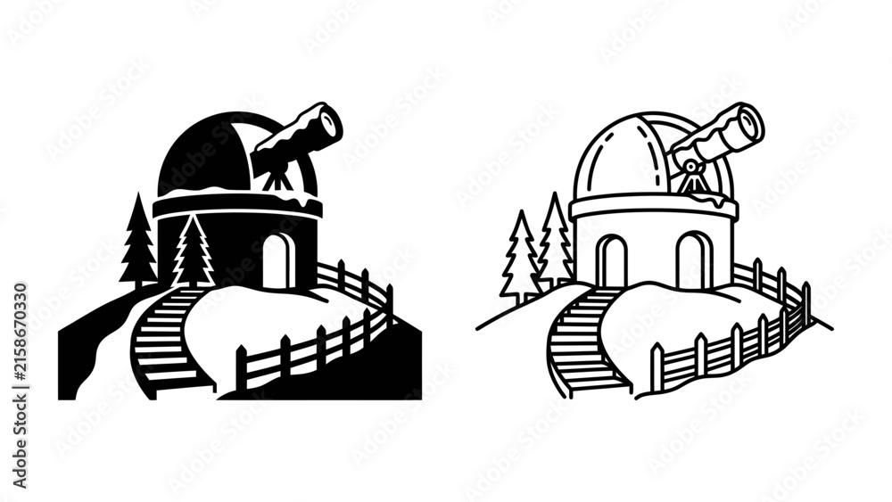 Naklejka premium Observatory Icon: A stylized illustration of an observatory building with a telescope on top, set against a scenic backdrop of hills and trees, perfect for science and exploration themes.