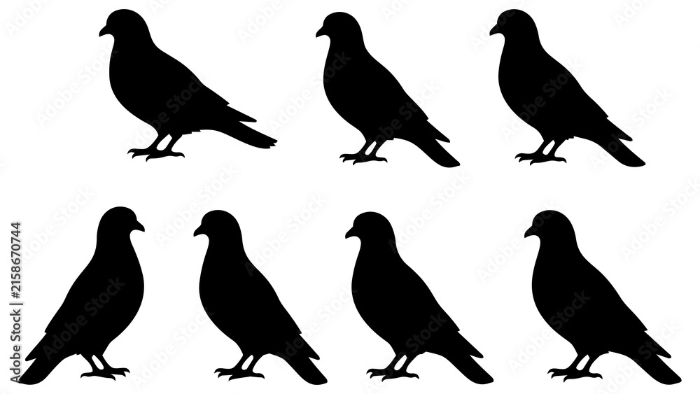 Obraz premium Set of Seven Black Silhouette Pigeons Birds Vector Illustrations for Design, Logo, Poster, and Branding Projects