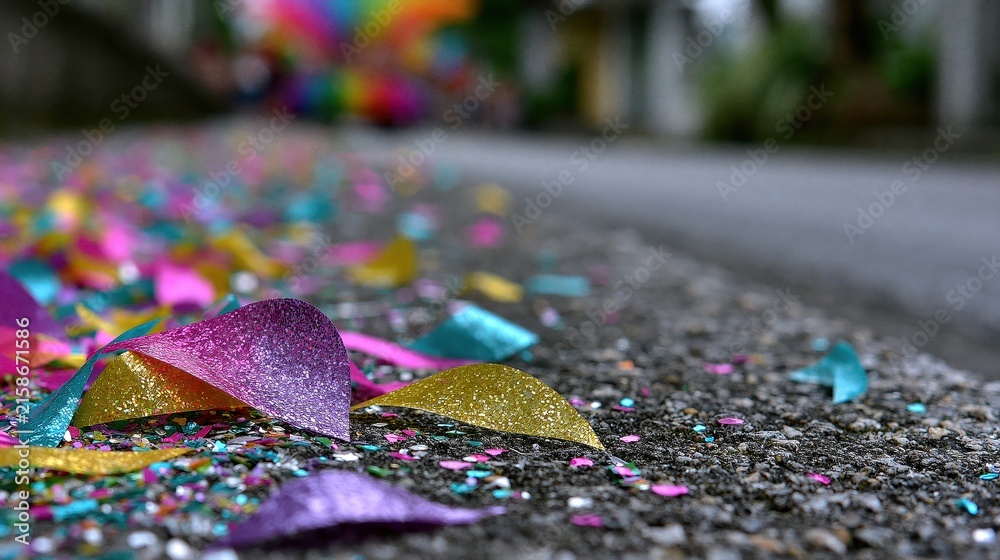 Obraz premium Colorful Confetti Scattered on the Street After a Lively Procession Celebration
