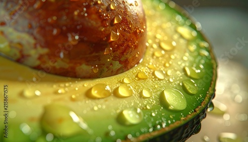 Fresh ripe avocado half with seed and glistening water drops macro close up view