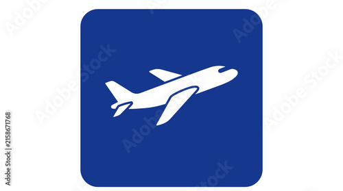 Airplane icon in blue square. white plane taking off. flat vector illustration