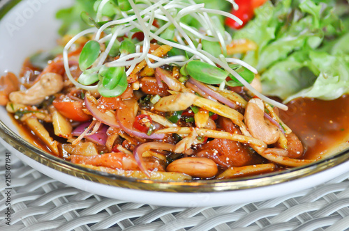 salmon salad, spicy salmon salad or spicy salad or spicy seafood salad with cashew and sunflower sprout