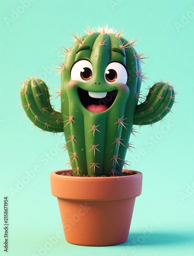Happy cartoon cactus in pot waves arms. This cheerful plant smiles broadly with big eyes and sharp spines. Green succulent in terracotta container, perfect for fun designs.