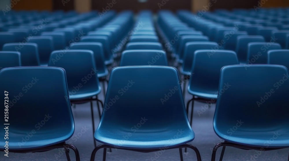 Fototapeta premium Rows of blue plastic chairs with metal legs in an empty auditorium, repeated perspective conveying calm anticipation and quiet solitude