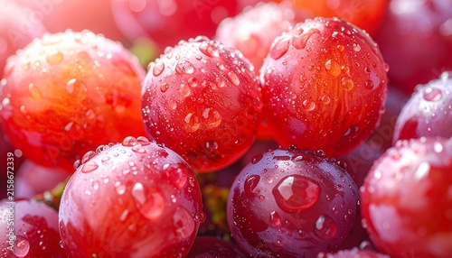 Macro photo of vibrant red grapes covered in tiny water droplets, highlighting their fresh and juicy texture