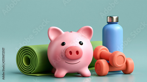 Piggy bank with yoga mat and water bottle showcasing financial wellness lifestyle balance between health wealth and Sunday reset