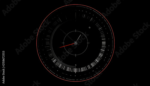 Futuristic Digital Clock Interface with Glowing Red Accents and Abstract Circular HUD Elements on Black Background