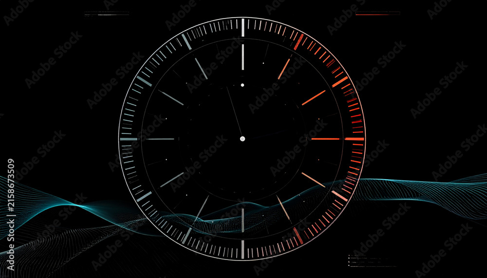 Fototapeta premium Futuristic Digital Clock Interface with Abstract Waveform Elements and Glowing Ticks on a Dark Background