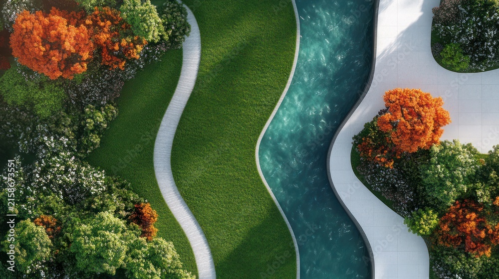 Obraz premium aerial view of a tranquil landscaped park with a winding turquoise stream, curved white walkways, green lawns and clusters of green and orange trees