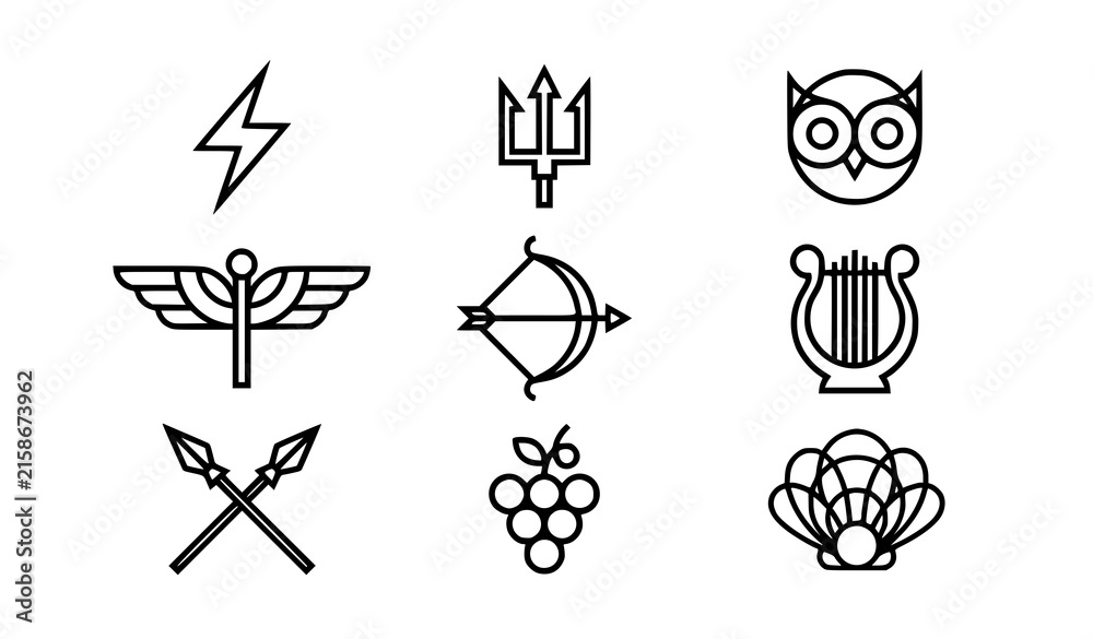 Fototapeta premium Modern Greek Mythology Geometric Icon Collection with Olympian Gods Symbols and Ancient Navigation Emblems