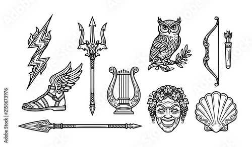 Ancient Greek Mythology Symbol Line Icon Set with Zeus Poseidon Athena and Classical Divine Emblems