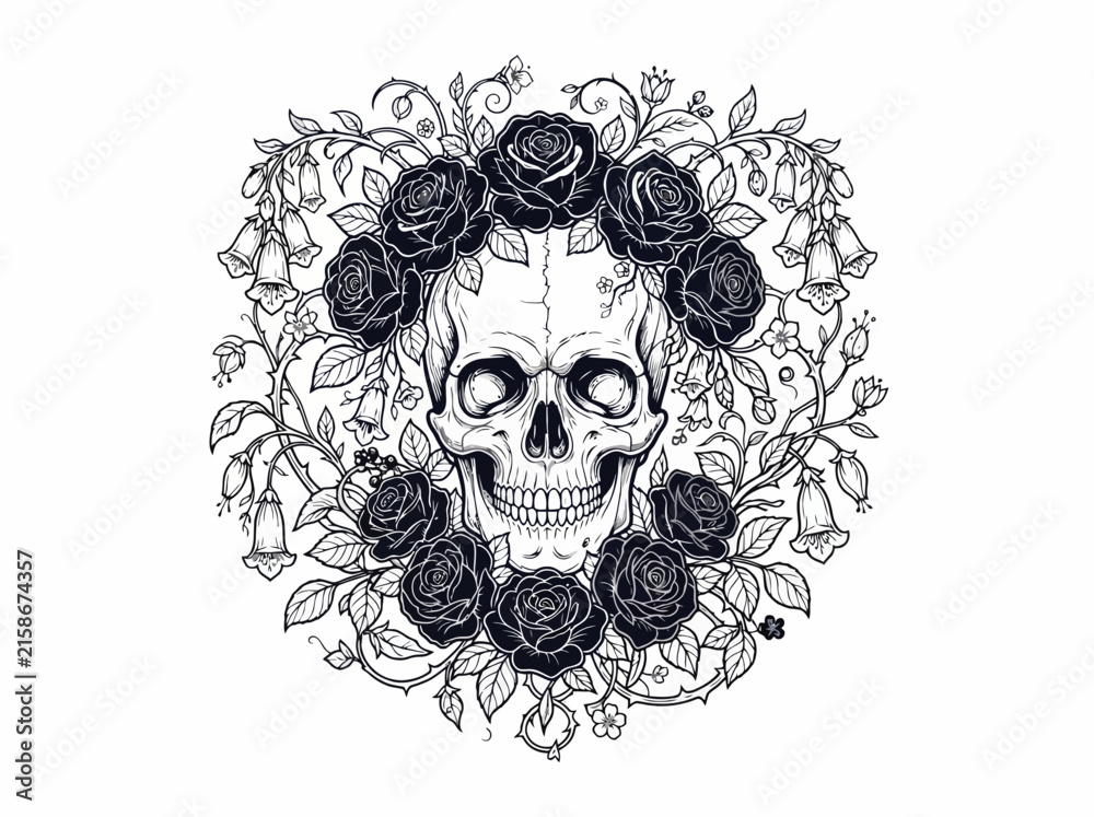Fototapeta premium Intricate black and white illustration of a human skull surrounded by blooming roses and floral vines.
