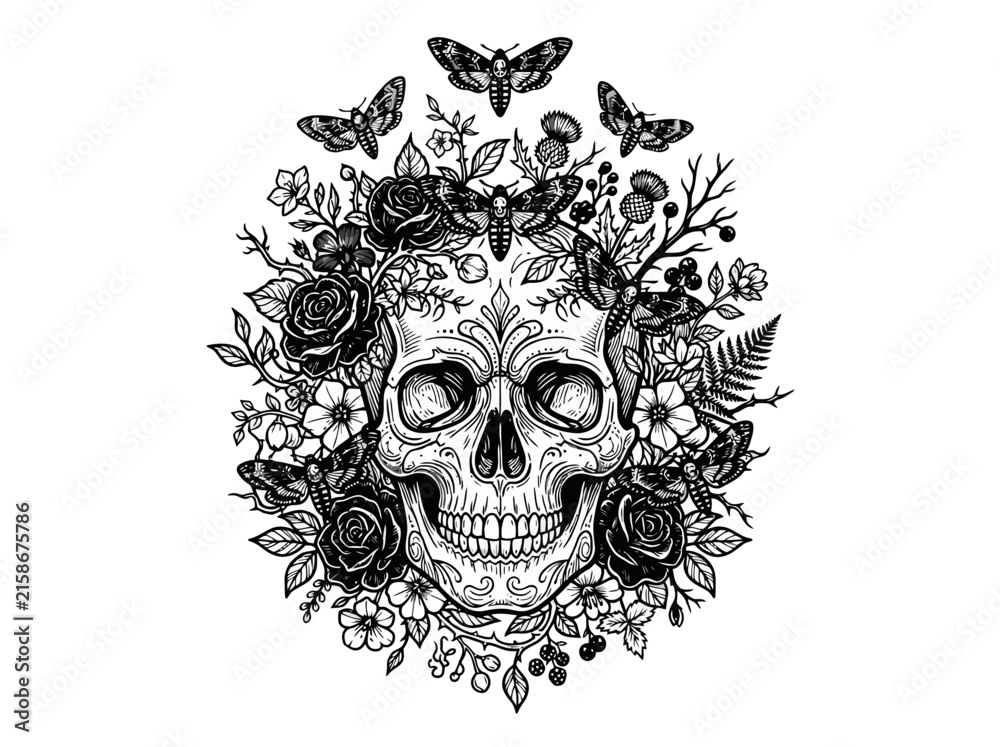 Obraz premium Intricate black and white illustration of a human skull surrounded by blooming flowers and moths.