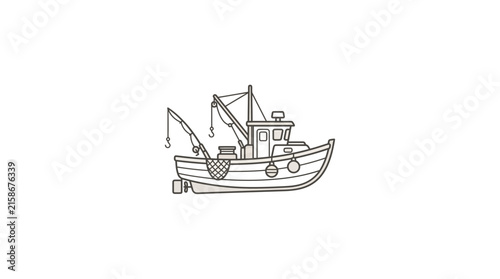 Traditional fishing boat outline with nets and equipment.