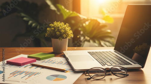 Modern laptop on wooden desk with financial charts, home office workspace with warm sunset lighting, business data analysis concept
