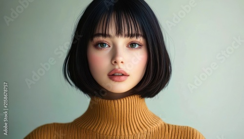 head-and-shoulders portrait of a person with a blurred square over the face, short dark bob haircut, wearing a mustard yellow ribbed turtleneck sweater against a muted background, neutral mood