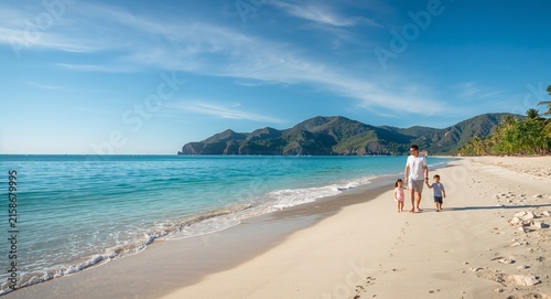 family trip exotic beaches - silent space hums azure stretches coconut aromas soft grains mild tides tiptoeing ankles sparking gentle layered delight in and empty space on the left with copy space.