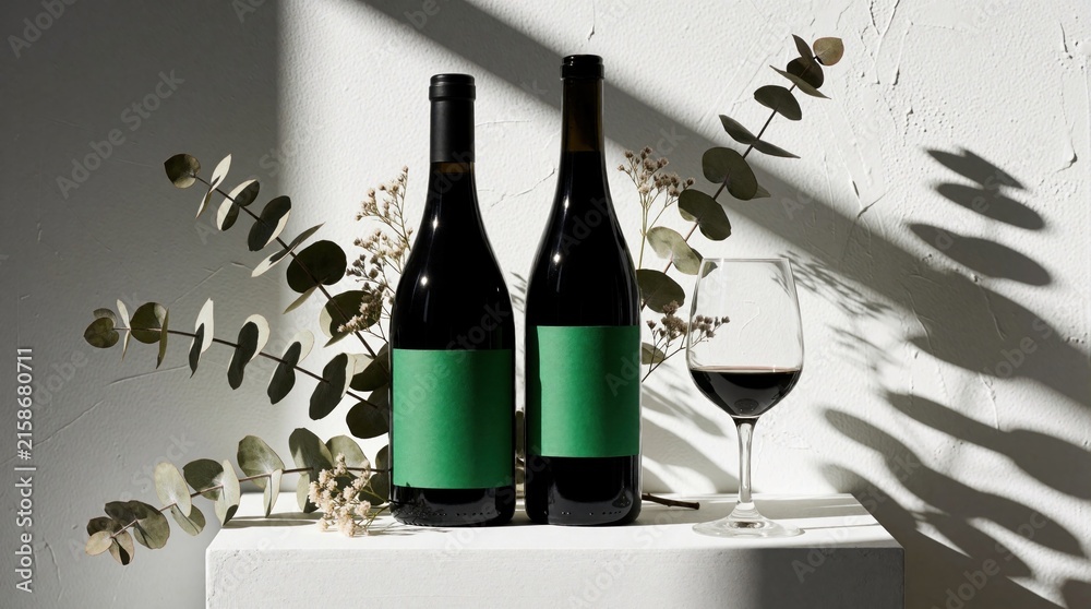 Fototapeta premium Two bottles of red wine and glass sit on a white surface. Eucalyptus leaves and small flowers adorn the minimalist composition. Warm sunlight casts dramatic shadows on the textured wall.