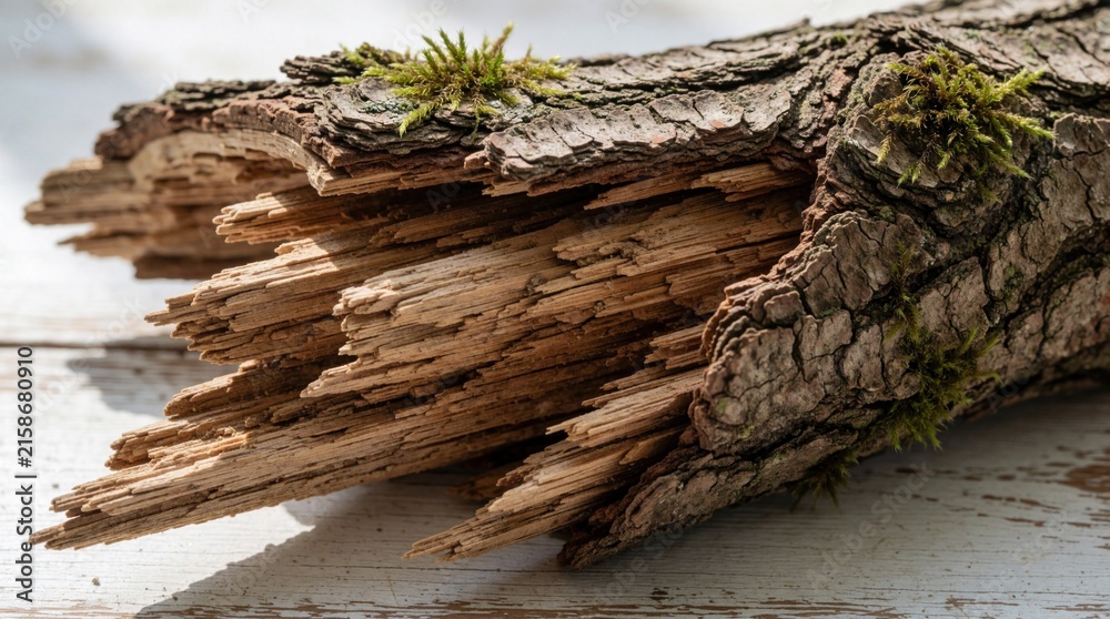 Fototapeta premium Moss grows on a weathered tree trunk on white wood surface. The wood is decaying and breaking apart, showing its texture and organic structure.