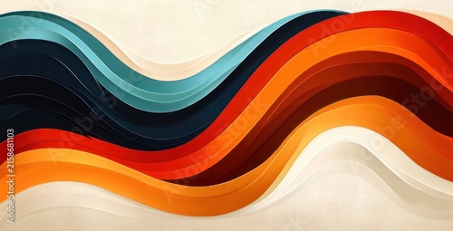 Layered undulating paper-like waves in warm oranges, reds and cool teals on a soft cream background conveying vibrant motion and energy