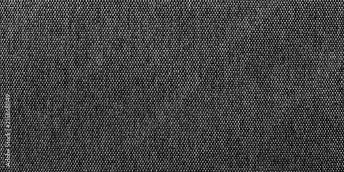 Black woven fabric texture background with coarse textile weave and dark gray threads. Useful for upholstery, furniture, interior, material, wallpaper, and graphic design projects.