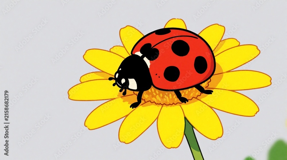 Naklejka premium Cute cartoon ladybug rests on vibrant yellow flower petals. This cheerful insect artwork, often associated with good luck, suits spring or summer themes for kids or nature education materials.