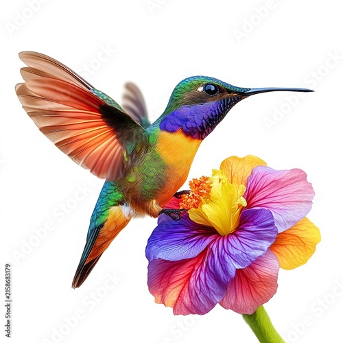 Photo of Colorful Hummingbird Feeding on a Flower Isolated on white background