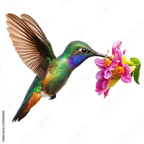 Photo of Colorful Hummingbird Feeding on a Flower Isolated on white background
