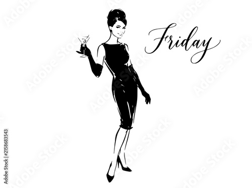 Vintage fashion illustration of elegant woman in black dress with cocktail, retro Friday script typography, mid-century style vector