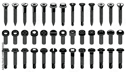 Screws and bolts icon set featuring black vector silhouettes of hardware fasteners including wood screws self tapping threads phillips heads and industrial metallic hardware
