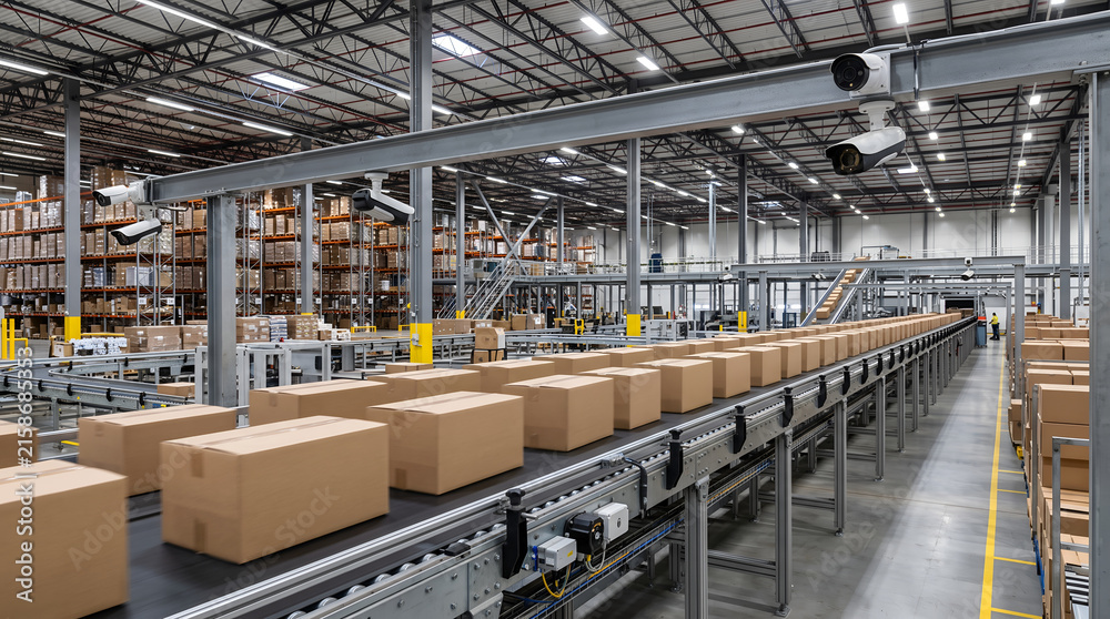 Fototapeta premium Conveyor belt transporting cardboard boxes inside large industrial warehouse