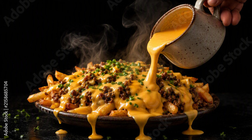 Pouring Warm Melted Cheese Sauce Over Hot Chili Cheese Fries with Minced Meat and Green Onions