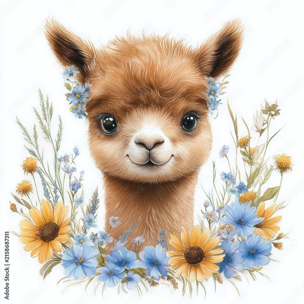 Naklejka premium gentle smiling baby alpaca surrounded by blue and yellow wildflowers, cheerful and adorable expression