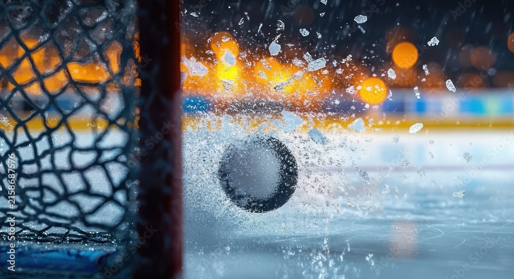 Fototapeta premium Hockey puck slamming into ice at the goal crease sending a spray of ice shards by the net under glowing arena lights, intense impact and motion