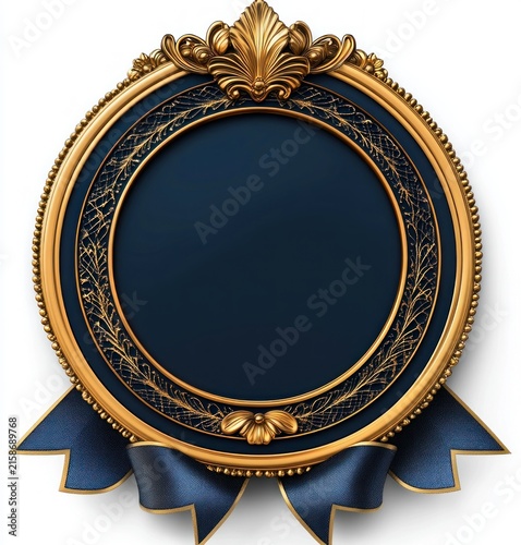 ornate round gold emblem with deep navy center, delicate filigree detailing and blue ribbon tails conveying an elegant, prestigious award feeling