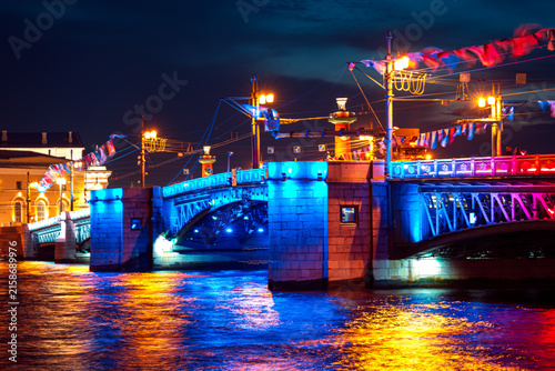 Photography Palace Bridge in the colors of the Russian flag at night
