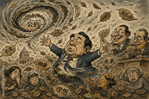 Obraz w ramie 空虚な公約や改革で国民を混乱させる政治家の欺瞞を枯れ葉の嵐で風刺したイラスト