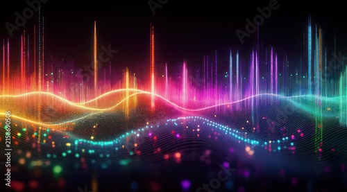 vibrant neon waveforms and glowing particle grid with vertical light bars on dark background conveying dynamic futuristic energy