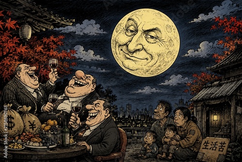 Obraz w ramie 満月の夜、裕福な権力者が宴を楽しむ一方で貧しい家族が生活苦にあえぐ社会風刺画