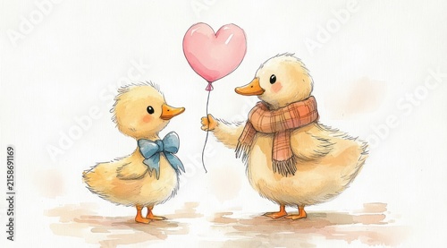 Two fluffy yellow ducklings in watercolor: a larger duckling wearing a plaid scarf offers a pink heart-shaped balloon to a smaller duckling with a blue bow, tender affectionate moment