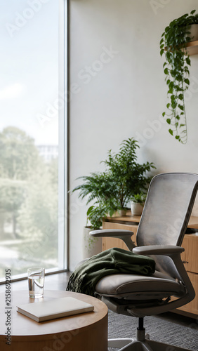 Mental Health Safe Space Interior with Ergonomic Chair, Indoor Plants and Natural Light Vertical