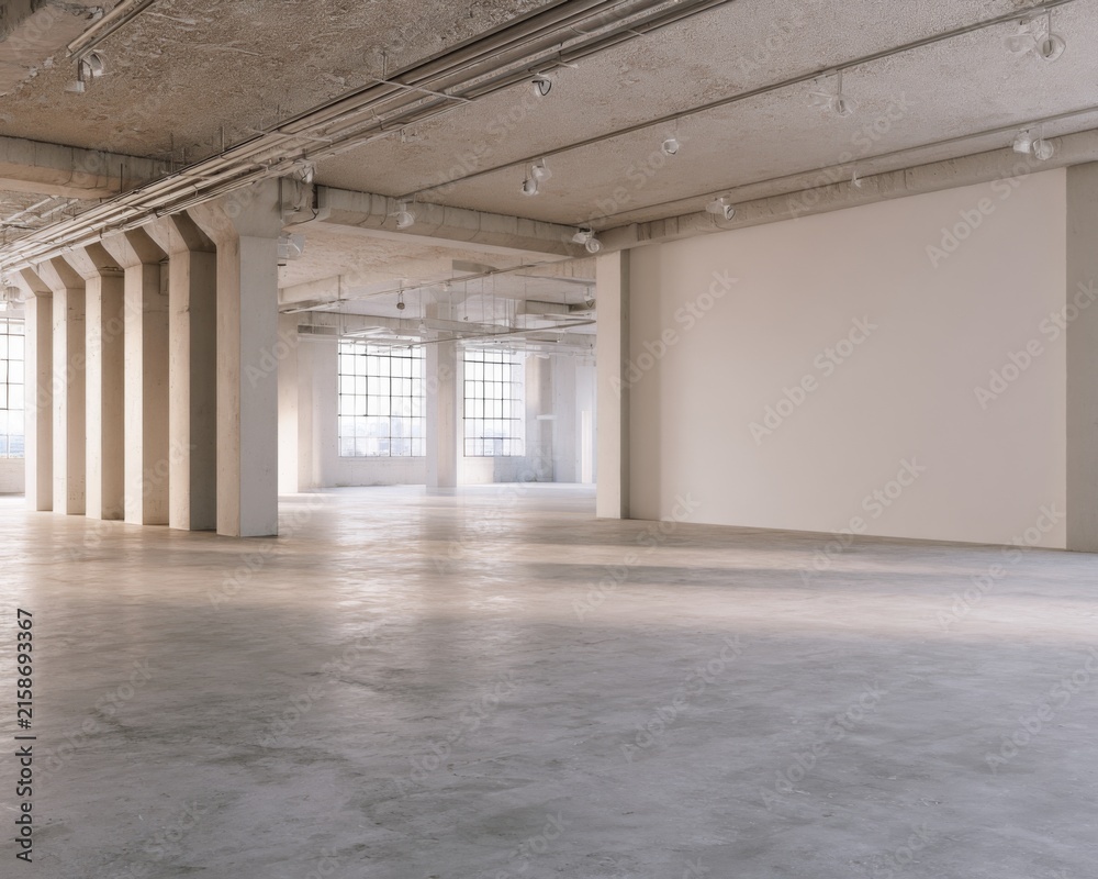 Fototapeta premium Bright empty industrial warehouse interior with concrete columns blank wall and polished floor