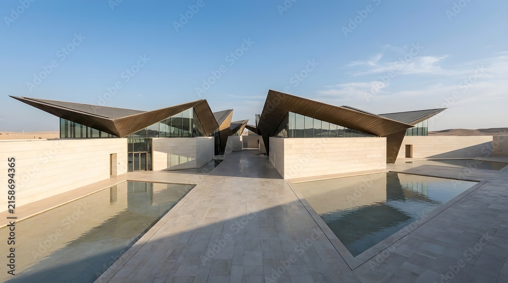 Fototapeta premium Modern architectural building with geometric roof structure and reflective water feature under a clear blue sky