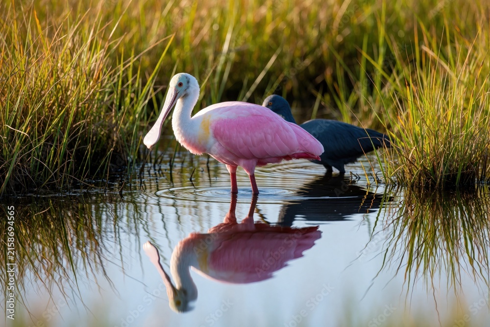 Naklejka premium Pink roseate spoonbill stands in marsh water with reflection. Exotic tropical bird hunts in wetland grass. Black ibis walks nearby in Florida nature reserve. Beautiful wildlife scene at sunset in
