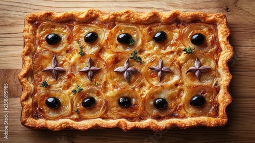 square homemade savory pie with glossy golden crust, black olive accents, star-shaped pastry decorations and thyme sprigs on a wooden board, warm inviting rustic feel