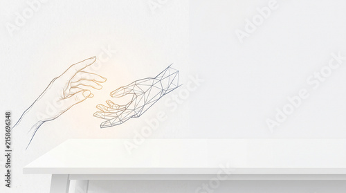 Hands reaching toward each other in minimalist white interior, blending human gesture with geometric digital line art and open space