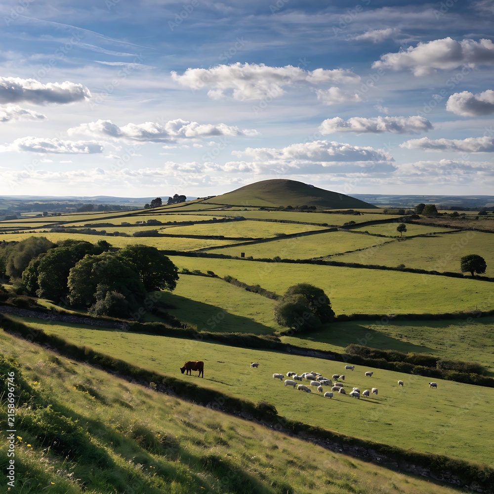 Naklejka premium Scenic panoramic view of rolling countryside green farm fields with sheep, cow and green grass in New Grange, County Meath,landscape, nature, field, sky, trees, blue, meadow, view, land, fields, count