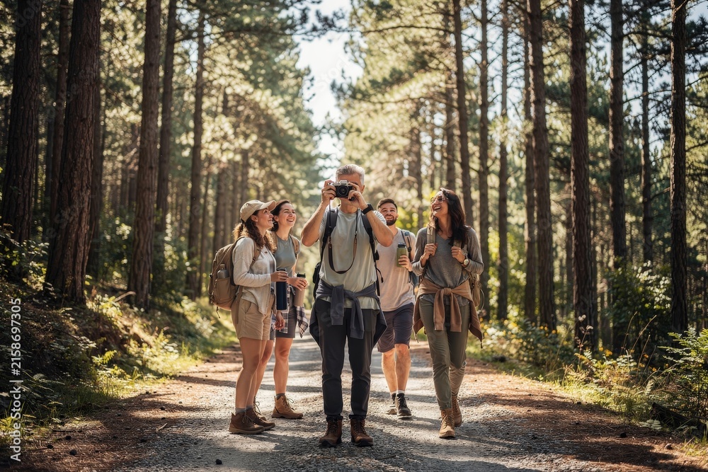 Fototapeta premium Group of Friends Hiking Enthusiastically in Sunlit Forest Trail, Warm Afternoon Light Creating Dappled Shadows, Diverse Group Engaged in Adventure, Earthy Tones, Capturing Friendship and Exploration